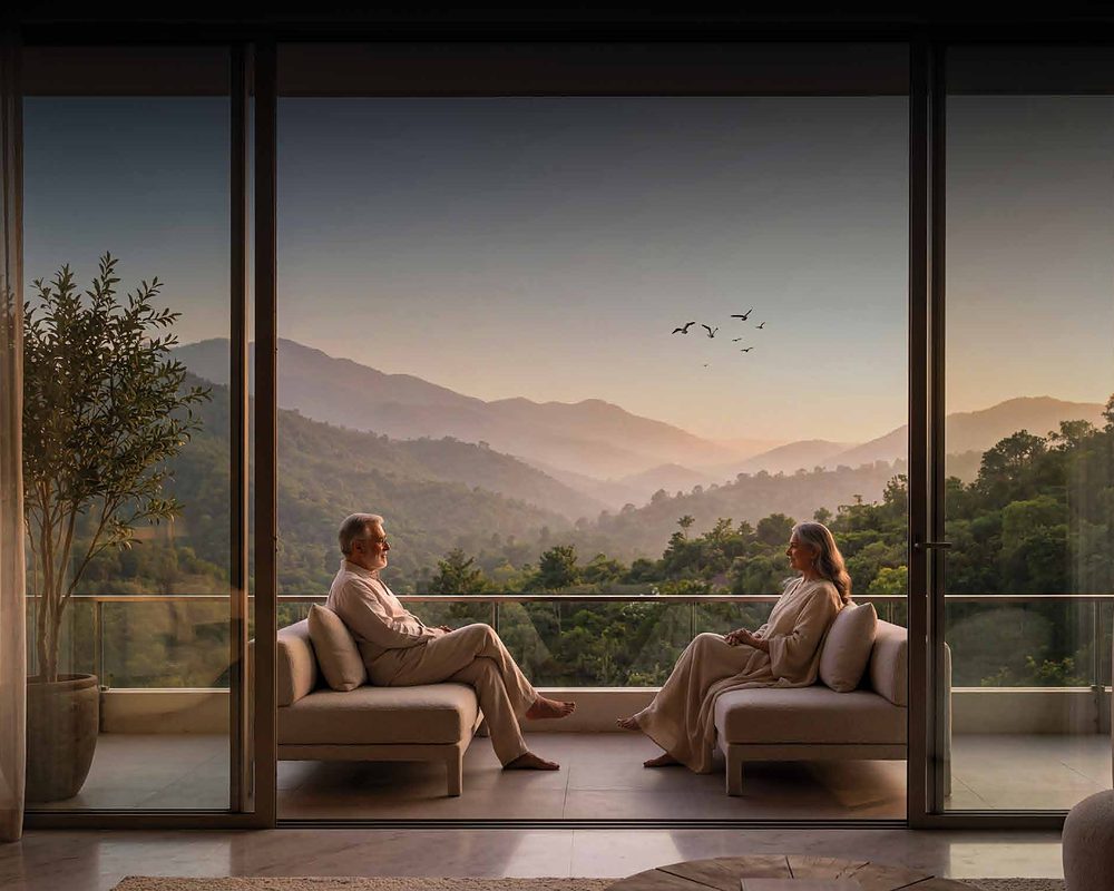 Residents on a balcony facing the Aravalli hills